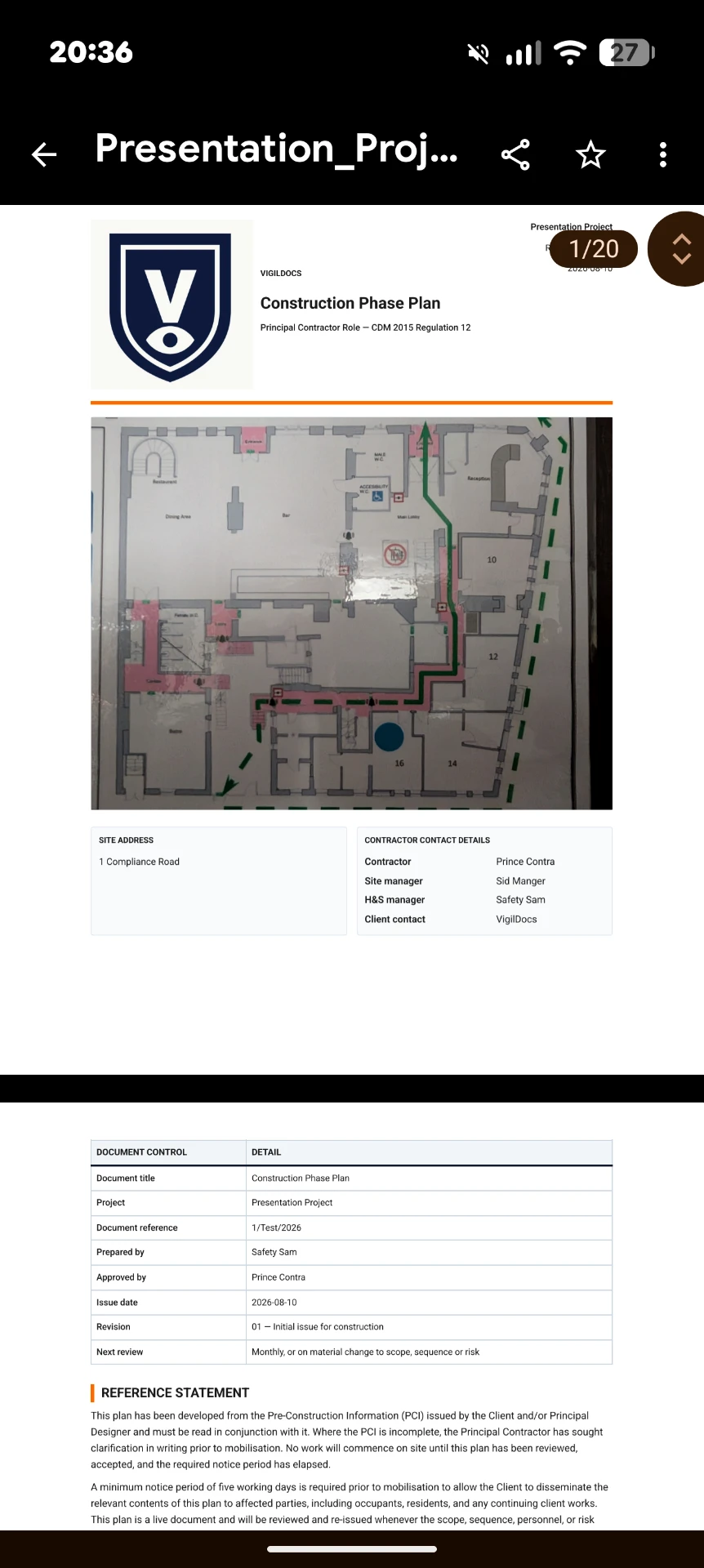 Example Construction Phase Plan document generated by VigilDocs