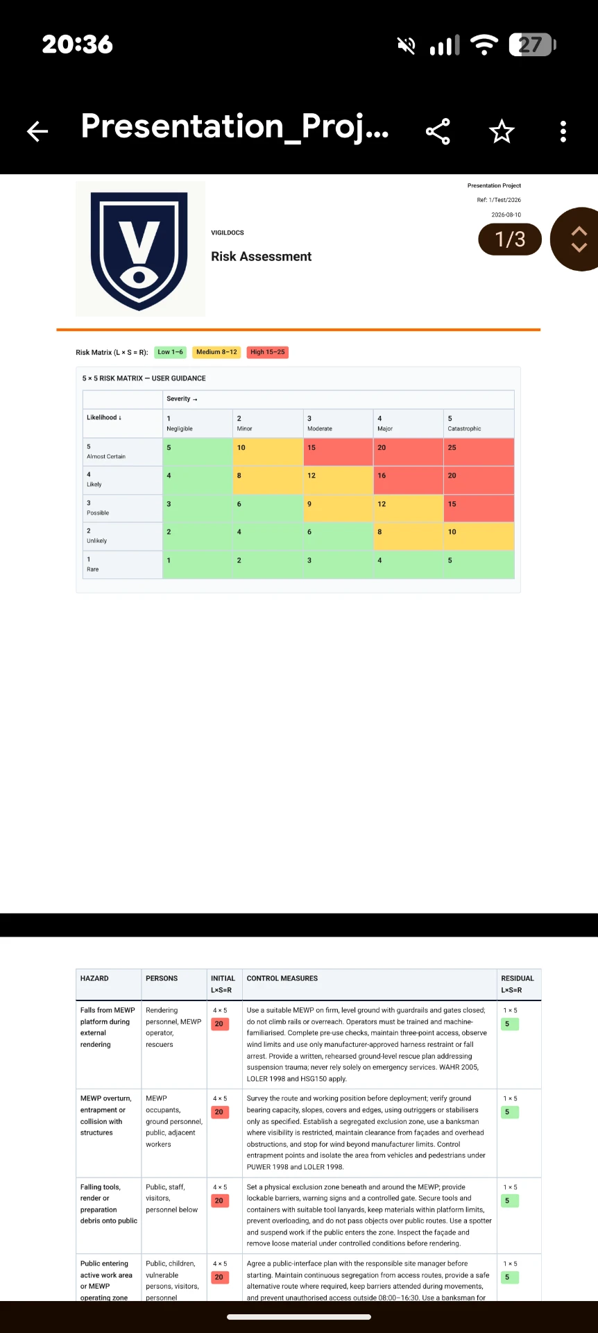 Example risk assessment with a 5x5 risk matrix generated by VigilDocs